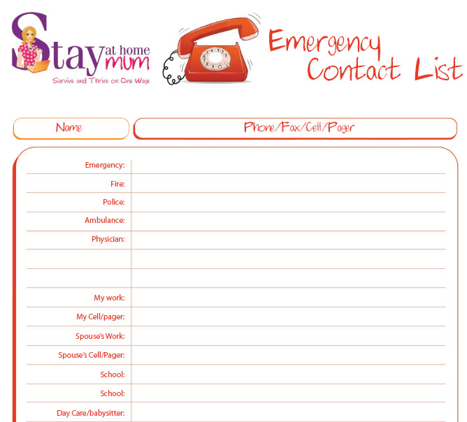 Emergency Contact List Stay at Home Mum