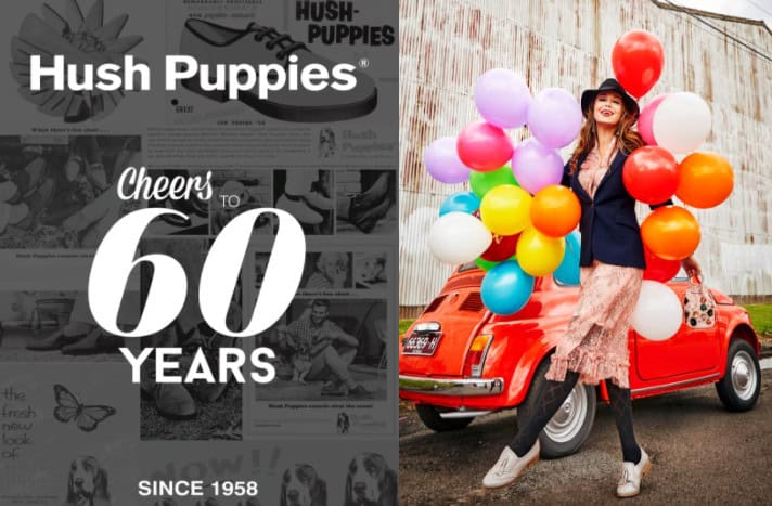 Hush Puppies 60th anniversary with balloons and joyful woman celebrating outdoors.