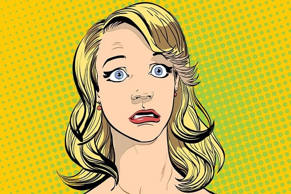 Woman surprised after peeing on trampoline.