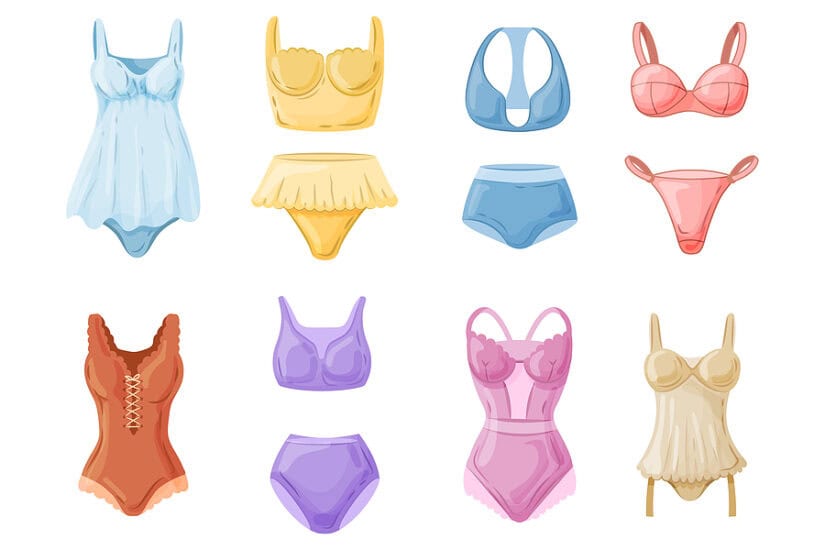 Brightly colored swimsuit and bikini set illustrations for summer wear.