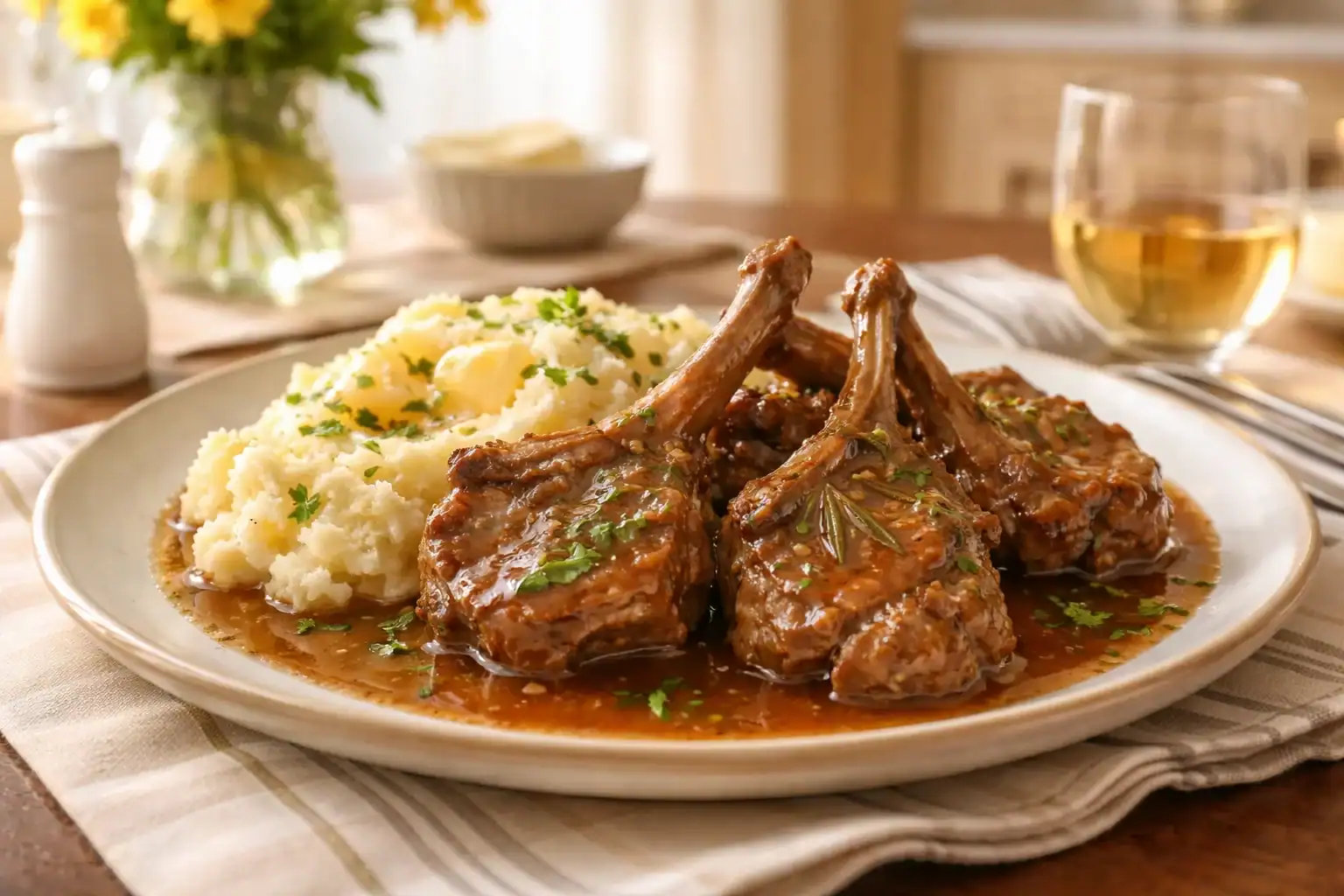 Delicious slow cooker lamb chops served with a flavorful, rich gravy and creamy mashed potatoes. Per.