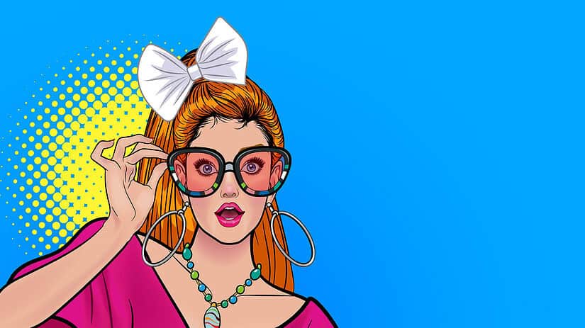 Woman with red hair, large glasses, and a bow in her hair, in a colourful comic style illustration.