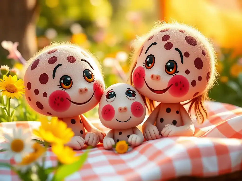 Cute giant freckle dolls with smiling faces outdoors.
