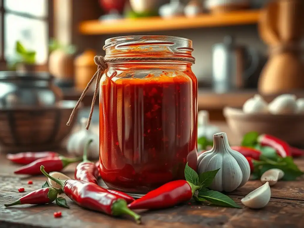 Sweet chilli sauce homemade with fresh ingredients and vibrant red colour.