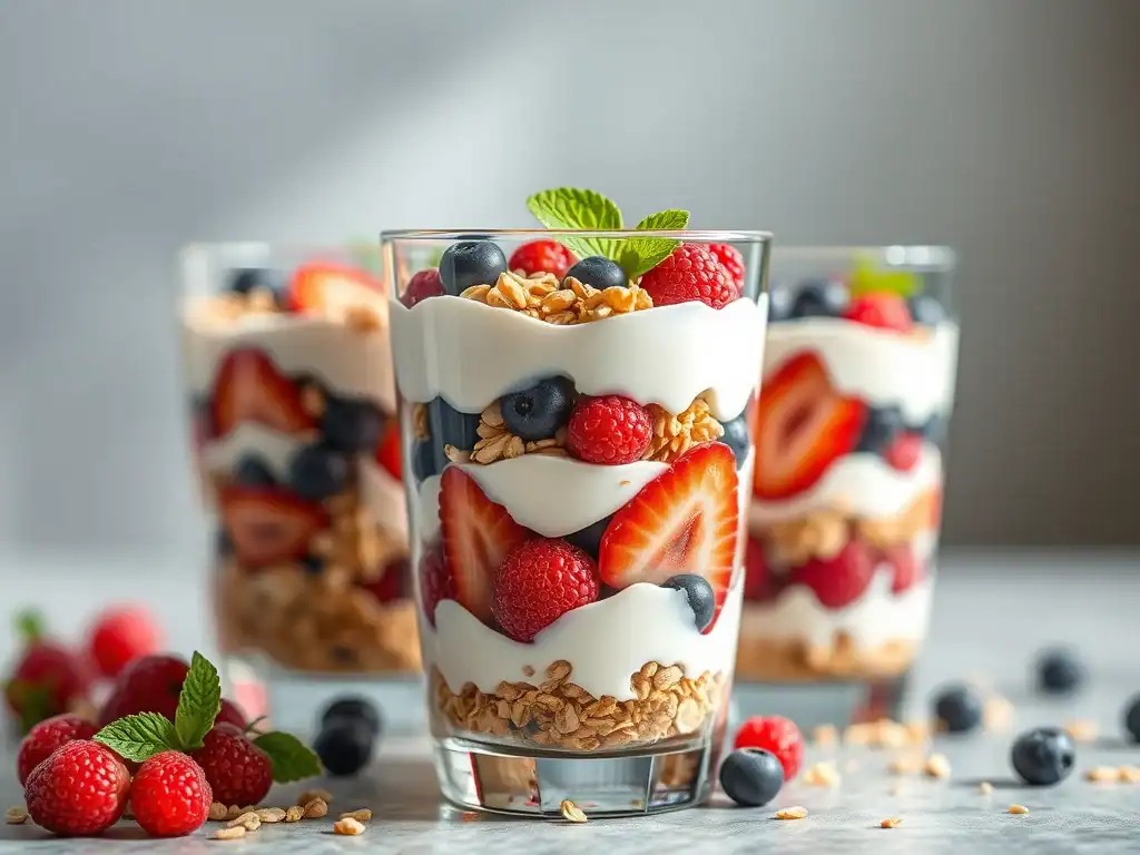 Delicious berry muesli parfait layered with creamy yogurt, fresh strawberries, blueberries, raspberr.