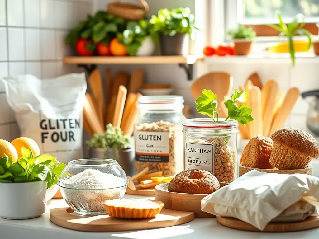 Gluten-free baking ingredients including flour, xanthan gum, and baking powder on a kitchen counter.