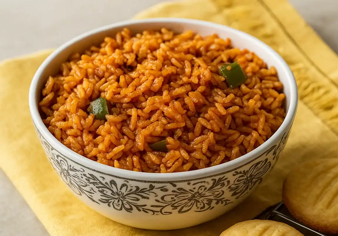 Vibrant Mexican rice served in a decorative bowl with green peppers. Perfect for a flavorful side di.