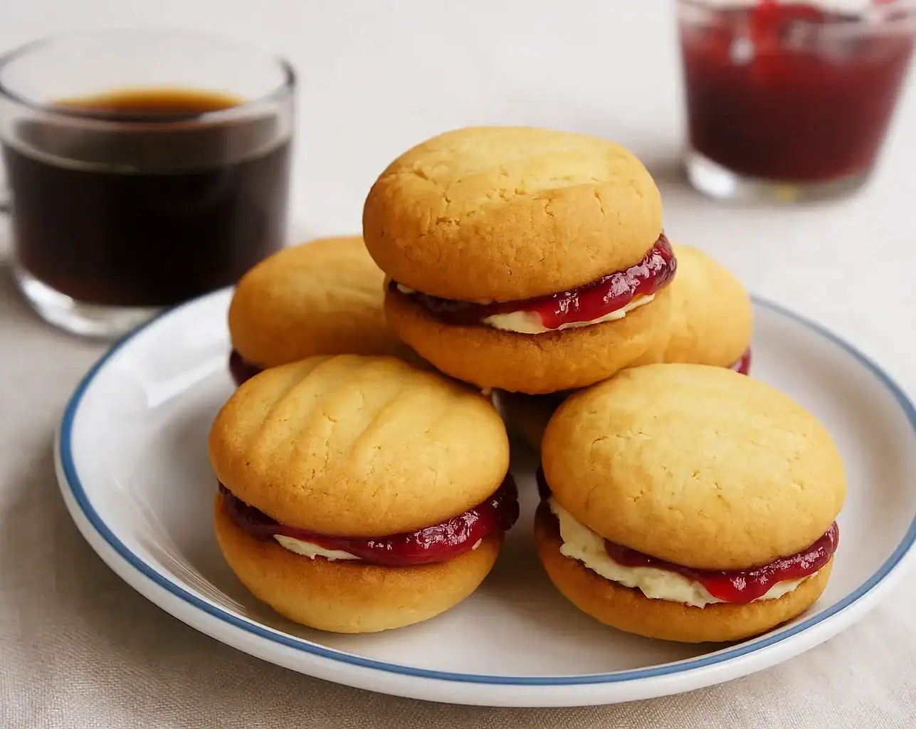Delicious homemade Monte Carlos cookies filled with jam and cream, perfect for afternoon tea or spec.