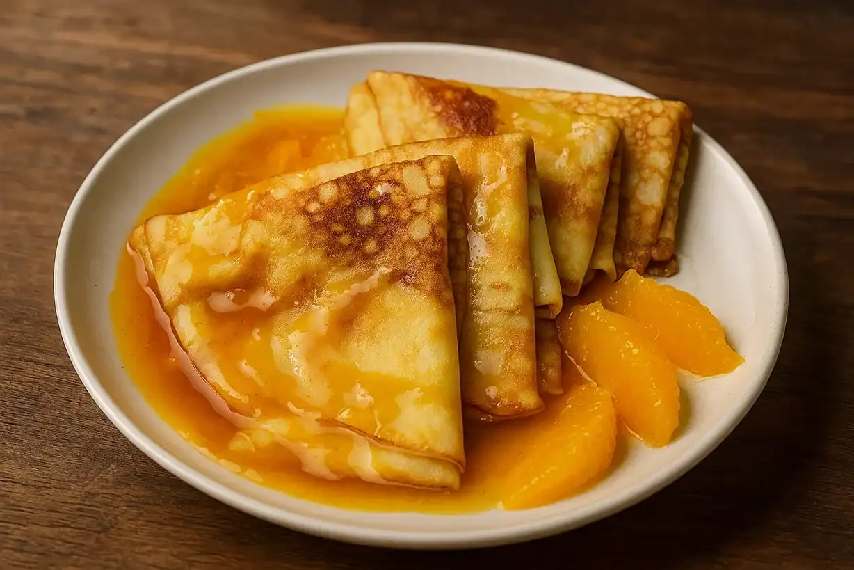 Delicious Crepe Suzette served with orange sauce and fresh fruit slices, perfect for a sweet dessert.