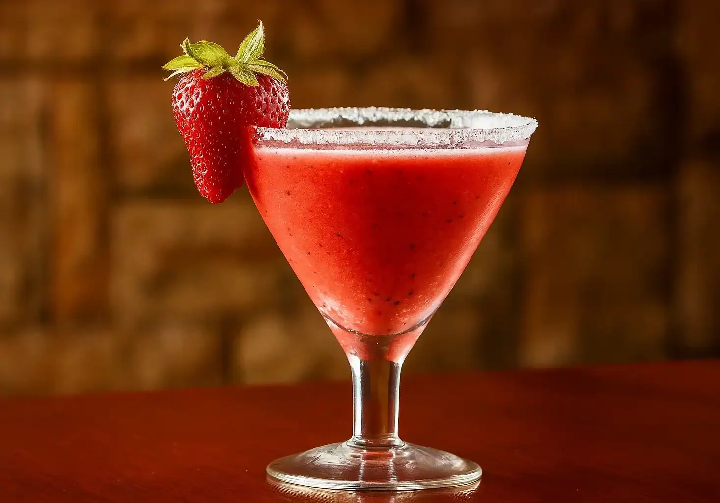 Delicious strawberry cocktail with a sugared rim and fresh strawberry garnish.