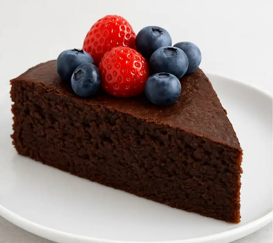 Delicious low-fat chocolate cake topped with fresh strawberries and blueberries. Perfect for a healt.