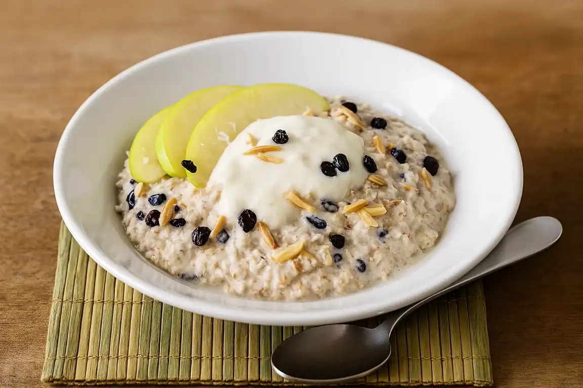 Healthy low-fat bircher muesli with fresh apple slices and yogurt. Perfect for a nutritious breakfas.