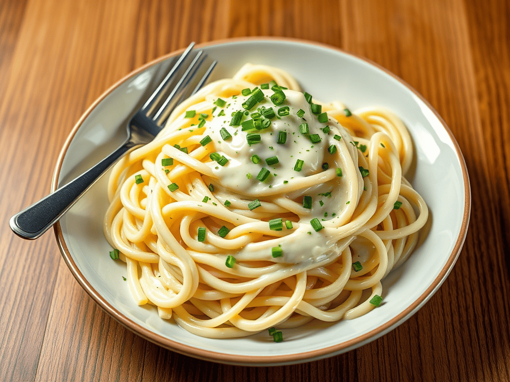 Delicious sour cream and chives pasta served on a white plate with a fork, perfect for a quick and t.