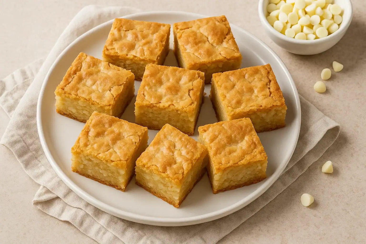 Delicious white chocolate brownies with a golden, fudgy texture. Perfect for sweet cravings and dess.