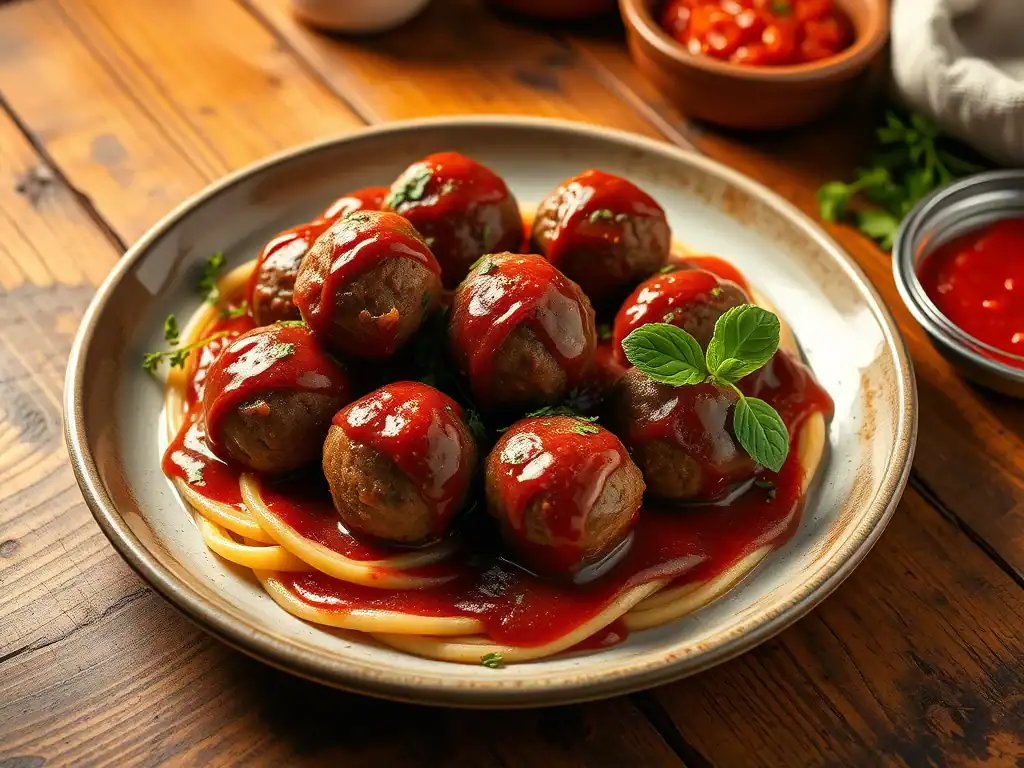 Delicious meatball pasta with rich tomato sauce and fresh herbs on a rustic wooden table.