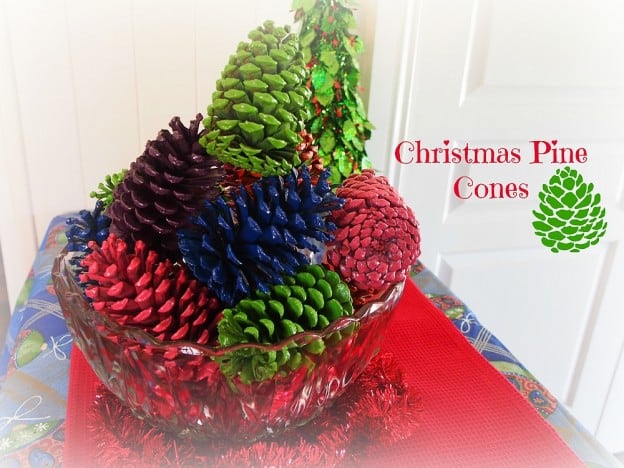Brightly coloured pine cones for Christmas decor.
