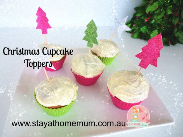 Christmas cupcake toppers with festive tree and star designs for holiday baking.