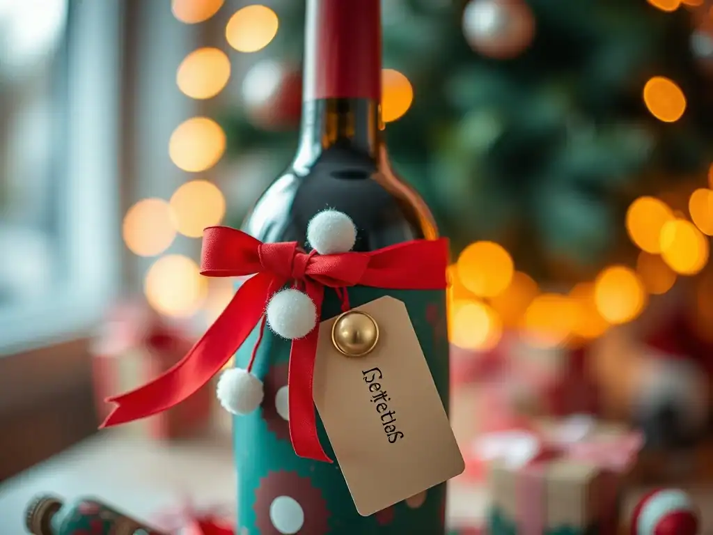 Christmas wine bottle decoration with festive bow and ornaments.