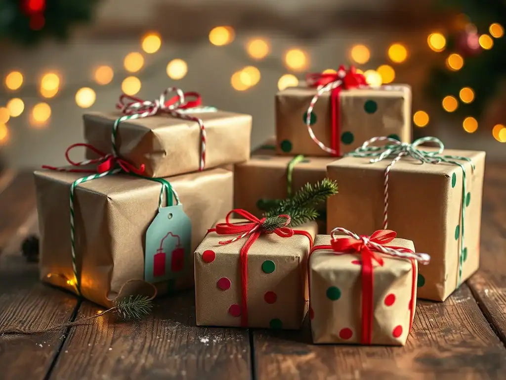 Christmas gift boxes with festive ribbons and tags.