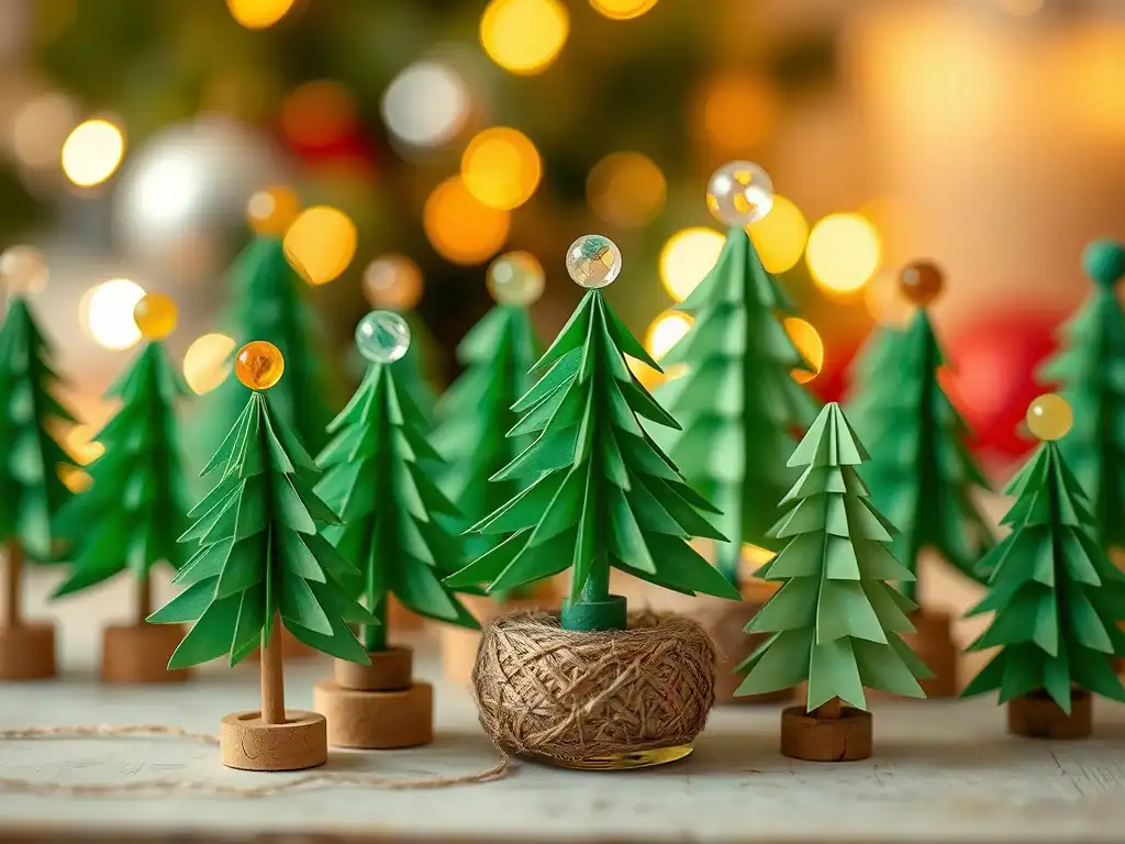 Mini paper Christmas trees with colorful beads on top, perfect for festive holiday decorations.