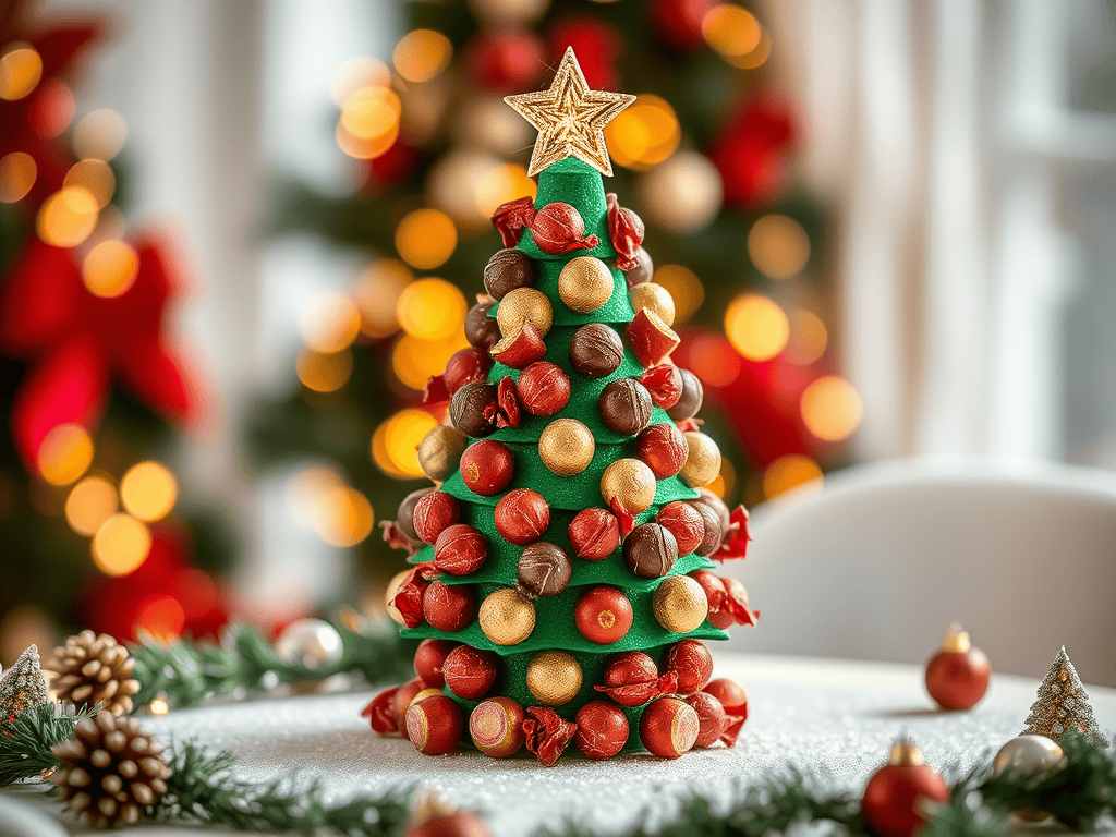 Decorative Christmas lolly tree with colorful candies and a star topper.