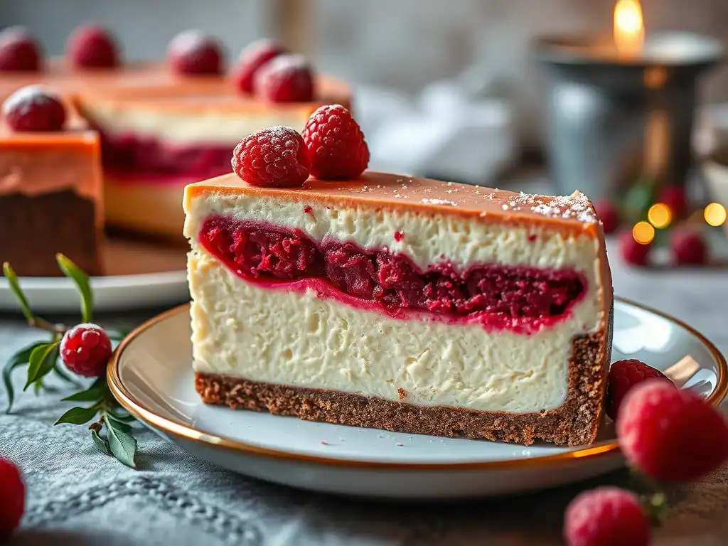 Delicious baked cheesecake with raspberry filling and festive toppings. Perfect for holiday celebrat.