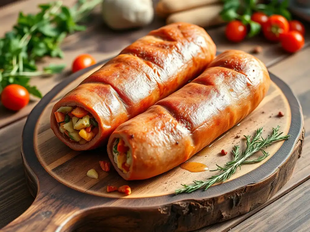 Vegetarian stuffed sausages filled with mixed vegetables on a wooden serving board. Perfect for a he.