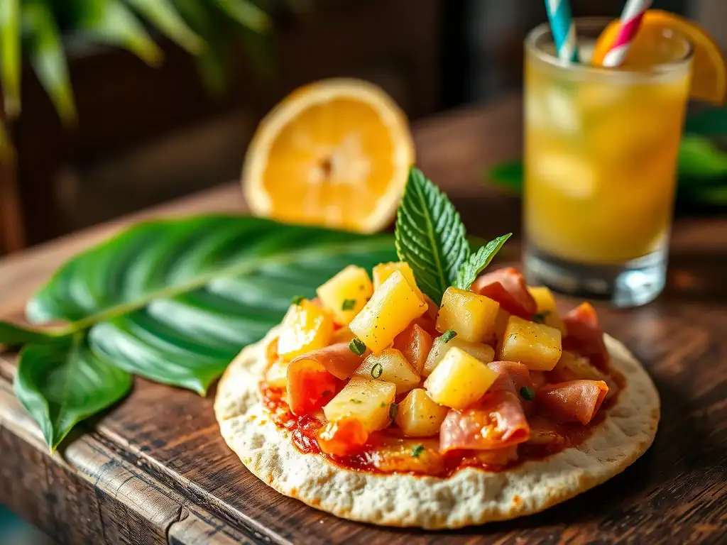 Hawaiian mini pizza topped with pineapple, ham, and herbs on a wooden board. Perfect for a tropical-.