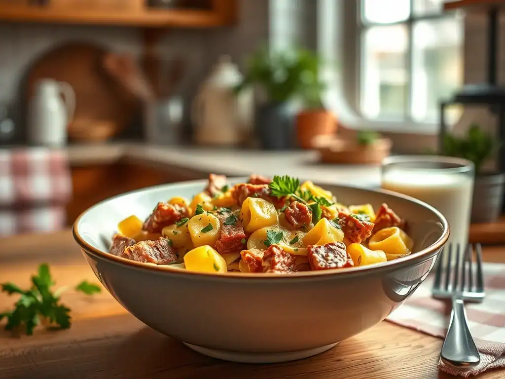 Delicious corned beef and curried egg pasta served in a cozy kitchen setting. Perfect comfort food f.
