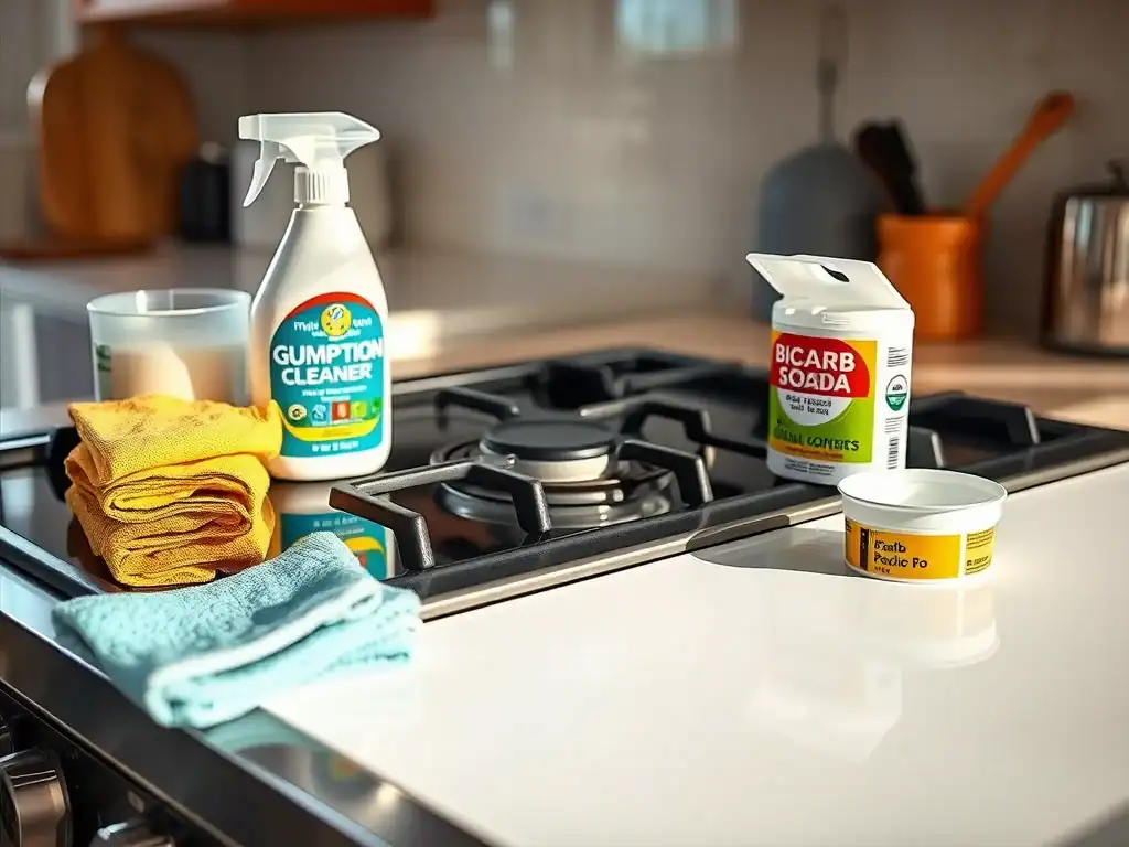 Clean your stove cooktop with effective cleaning products and cloths.