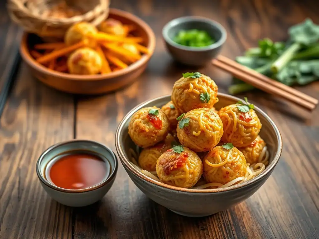 Asian-inspired San Choy Bau noodle balls with fresh herbs and dipping sauce.