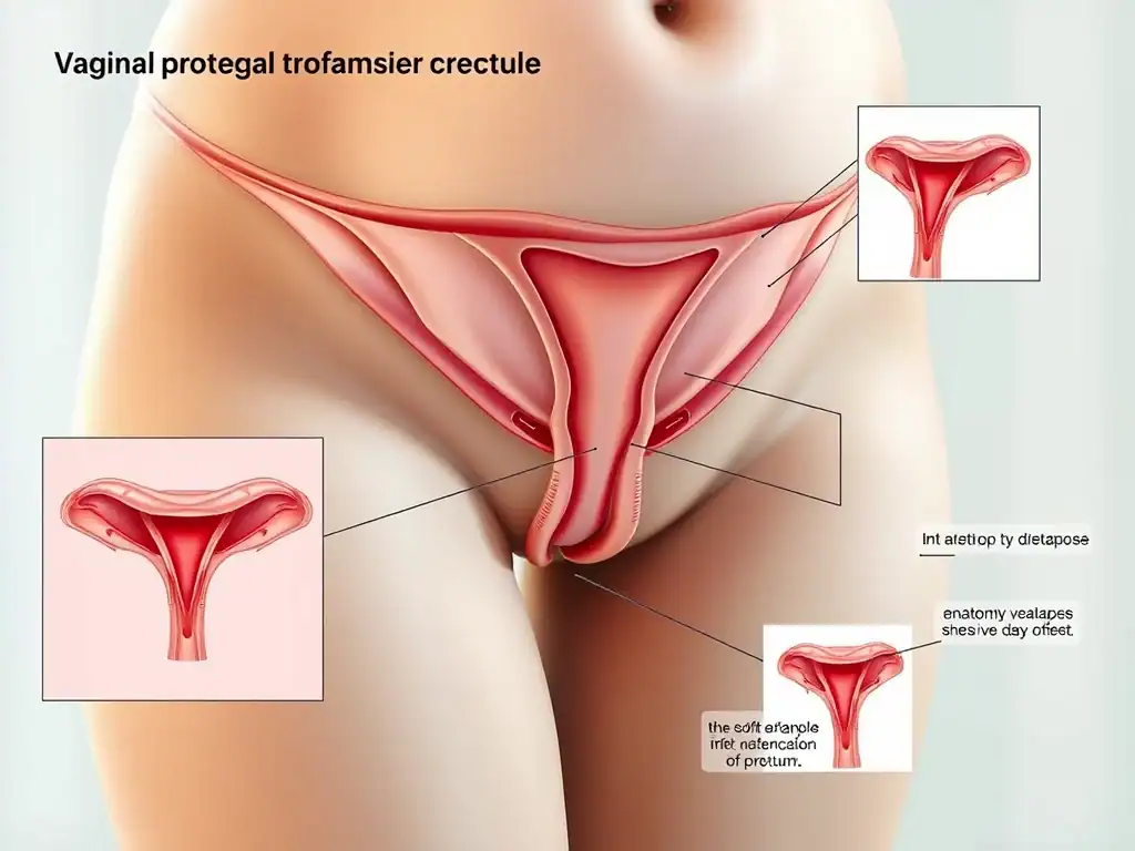 Vaginal prolapse diagram showing prolapsed vaginal tissues and organs.