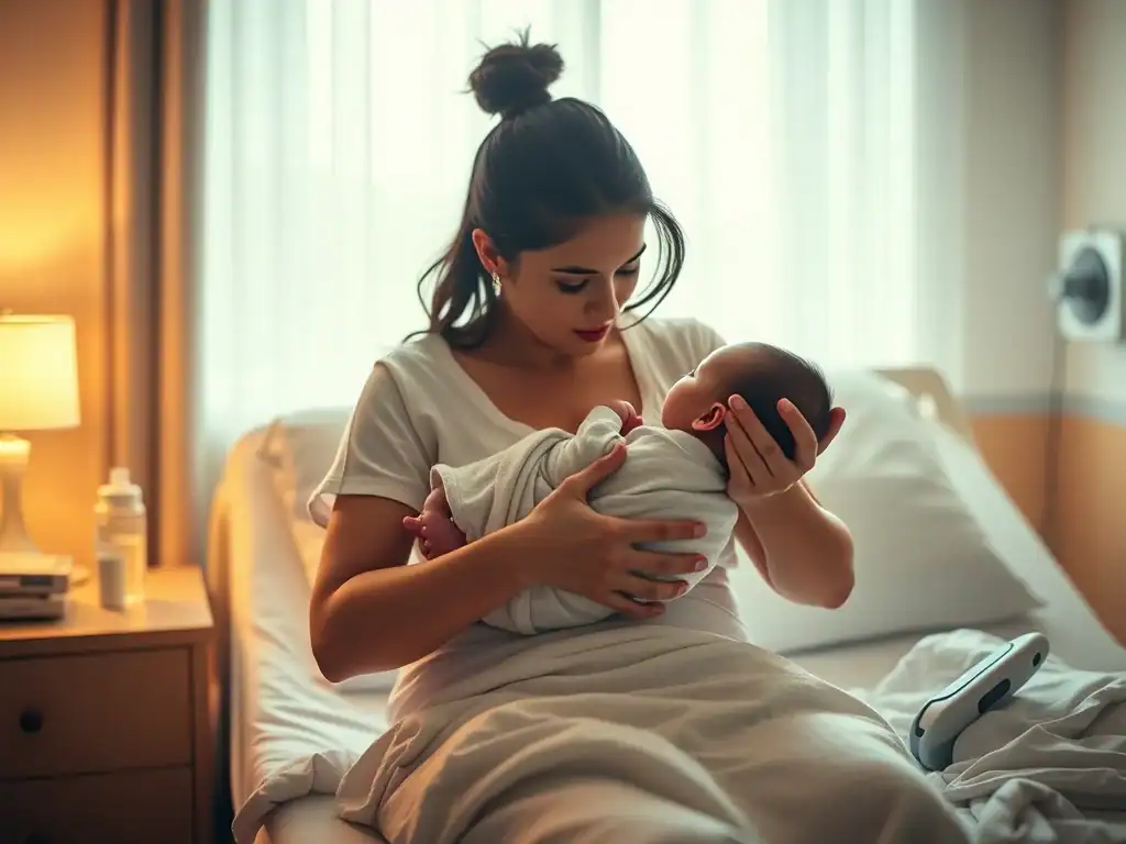 Mother holding her baby in hospital bed.