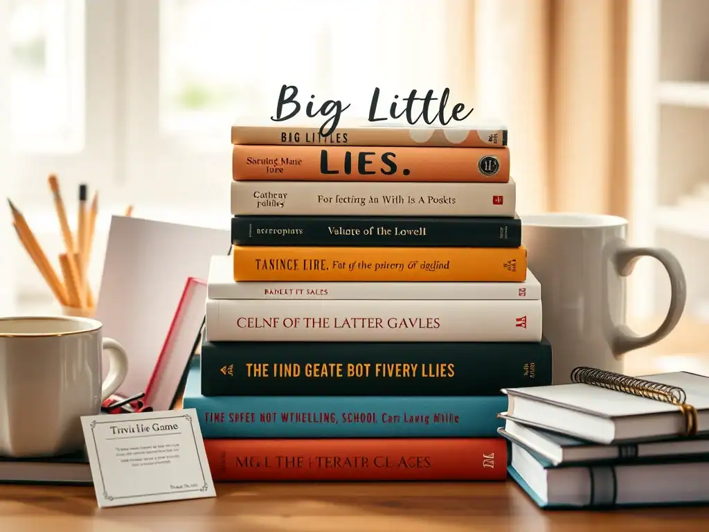 Stack of books including Big Little Lies for book review.