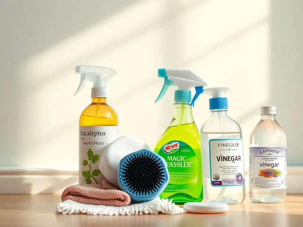 Cleaning supplies for wall cleaning including spray bottles, brushes, and cloths.