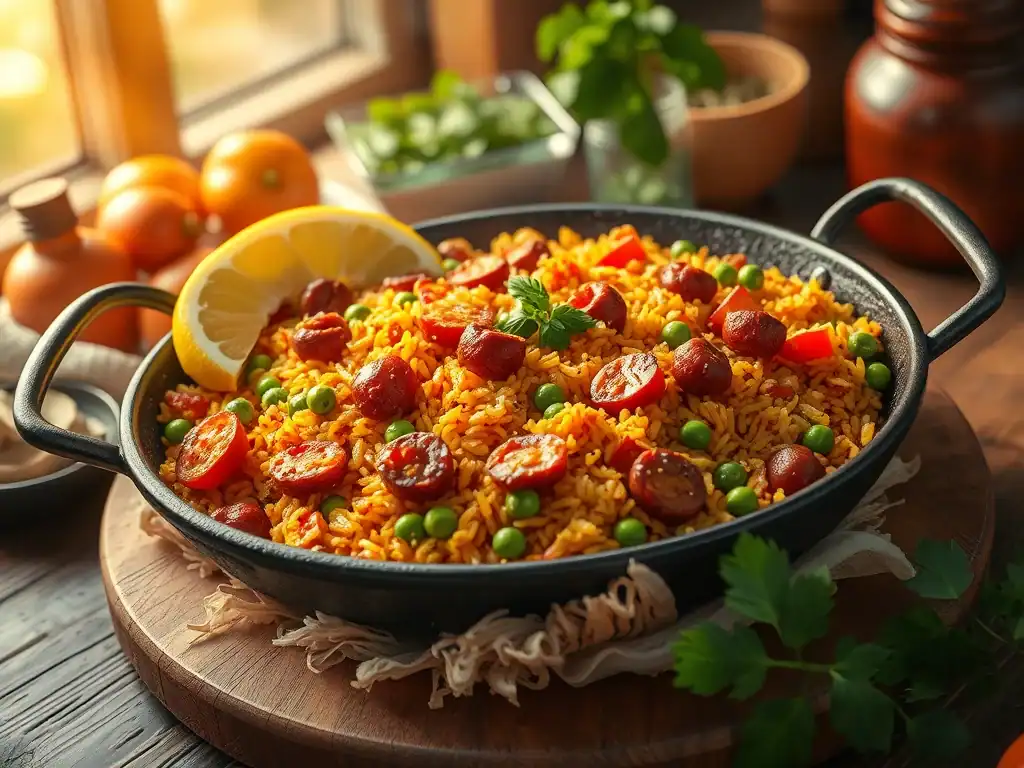 Delicious chorizo paella with rice, peas, and fresh lemon slices. Perfect for a hearty, flavorful me.