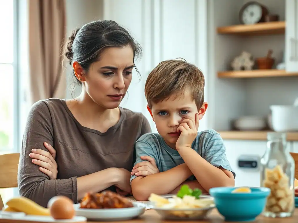 Mother and son worried about food allergies and anaphylaxis.