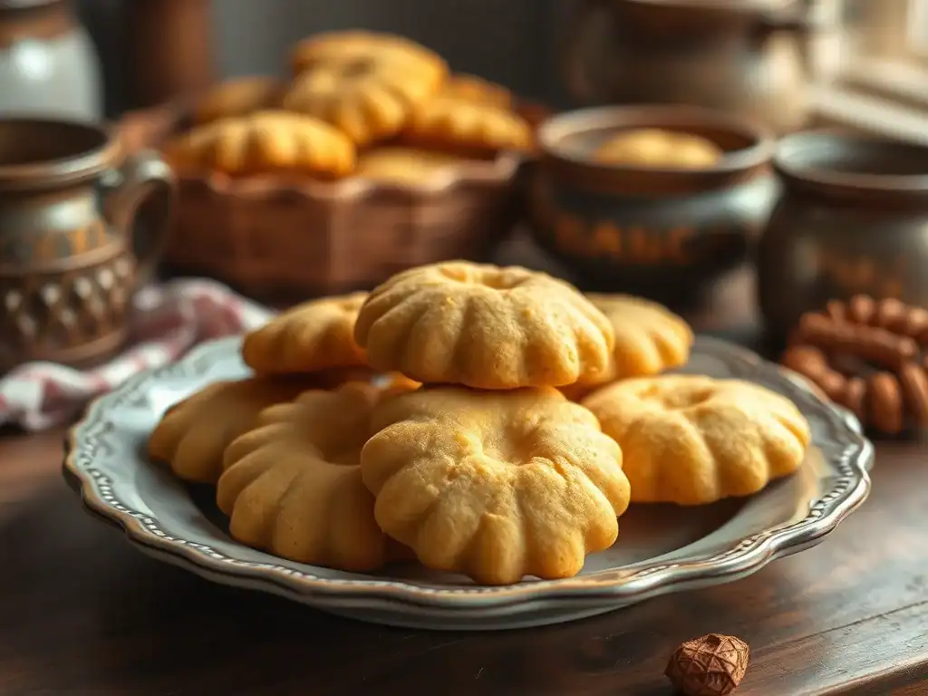 Afghan biscuits on a decorative plate with traditional tea cups in the background.