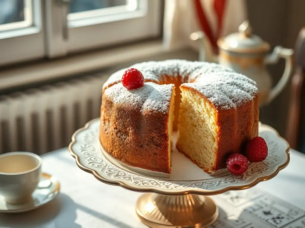 Delicious homemade Madeira cake with fresh raspberries and dusted with icing sugar. Perfect for afte.
