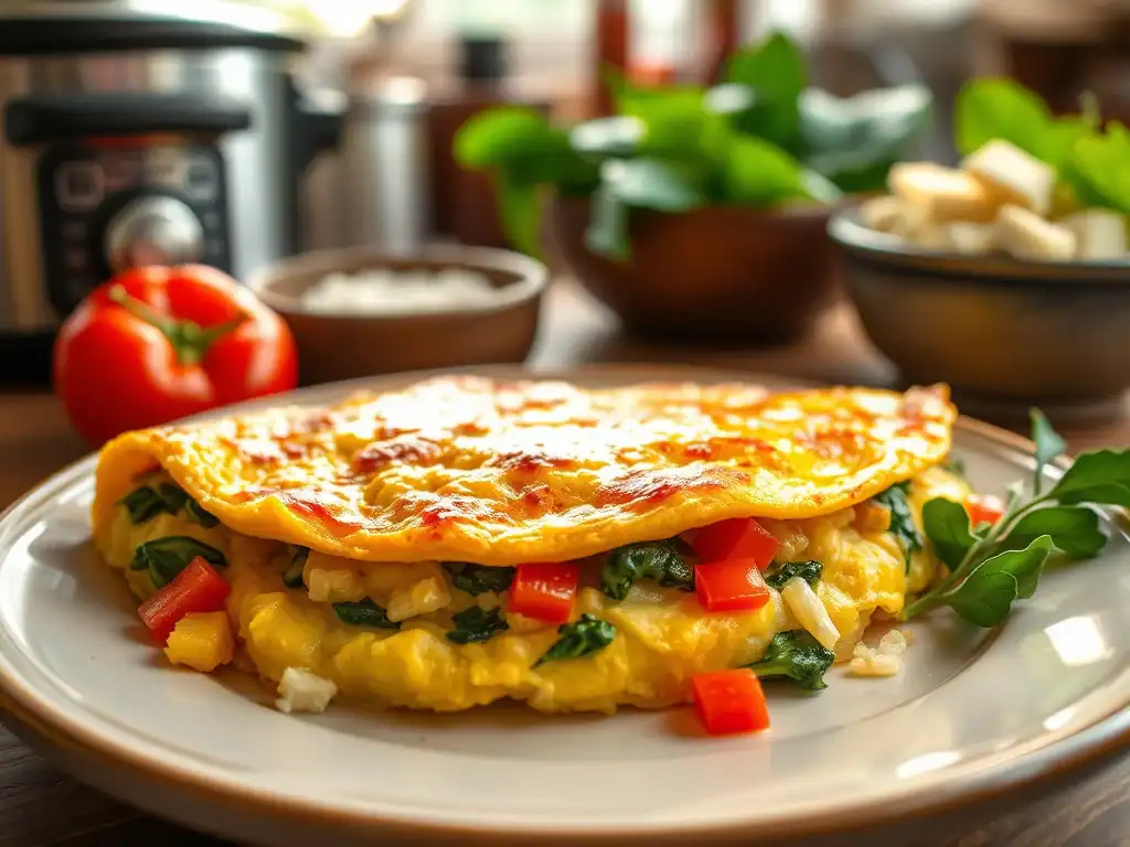 Scrambled eggs with spinach, tomatoes, and cheese in a slow cooker breakfast omelette.