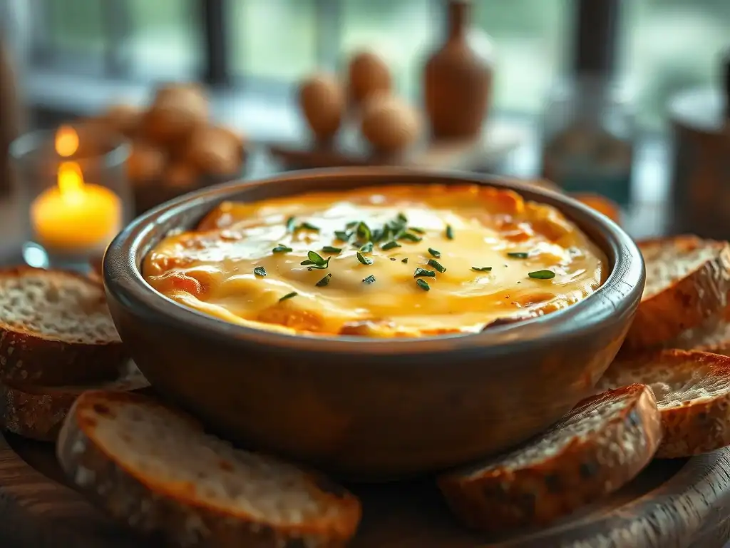 Camembert cheese dip with herbs served with toasted bread slices. Perfect for sharing at gatherings.