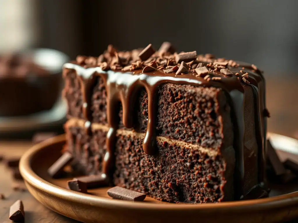 Chocolate cake with rich ganache and chocolate shavings.