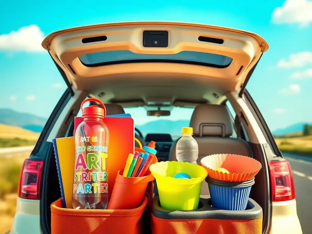 Car trunk with snacks and travel essentials for family road trip.