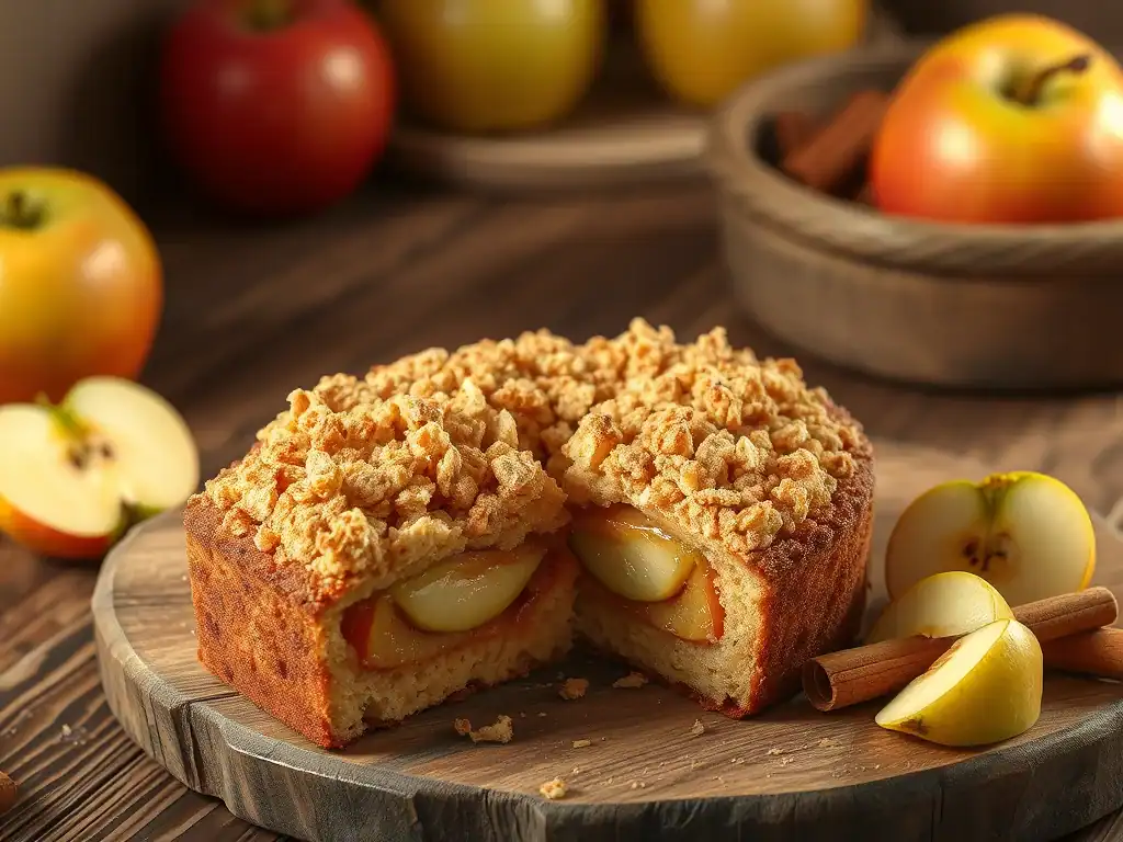 Delicious apple crumble cake with fresh apples and crunchy topping, perfect for dessert or afternoon.