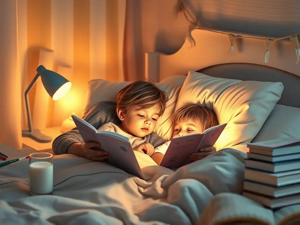 Children reading books together in bed during bedtime.