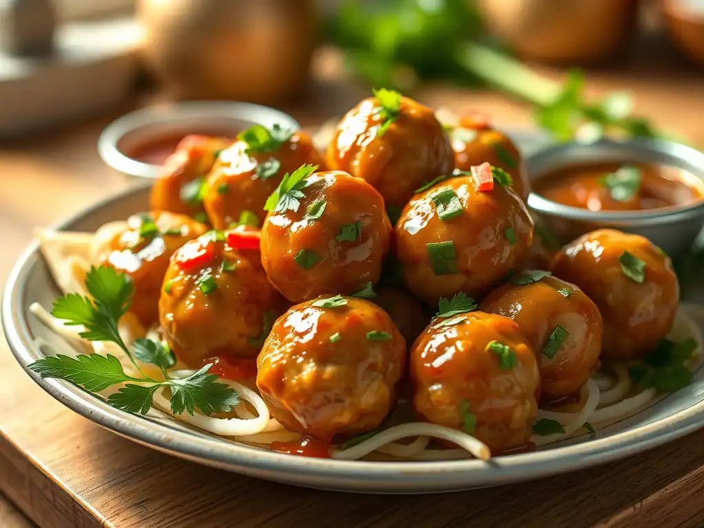 Asian chicken meatballs with savory sauce and fresh herbs.