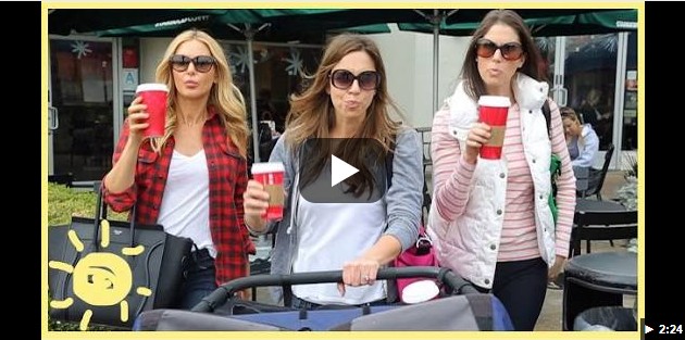 Three tired mums with coffee cups, showcasing sleep deprivation parody of Taylor Swift.