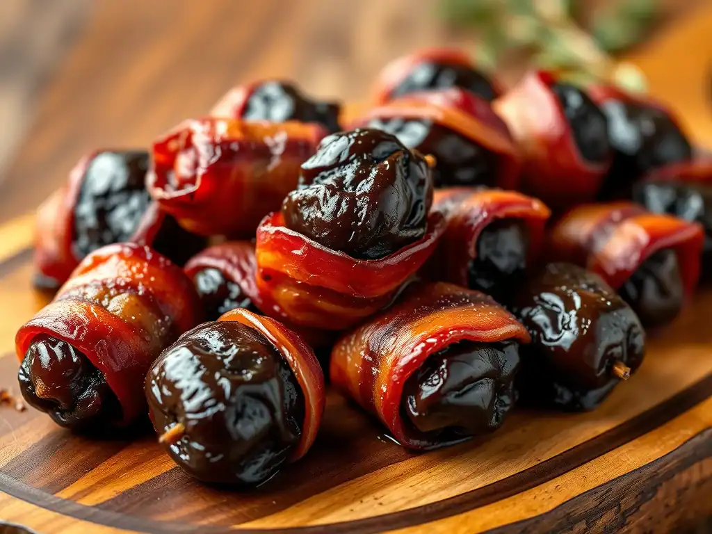 Bacon-wrapped dates filled with black pudding, served on a wooden platter. A delicious appetizer per.