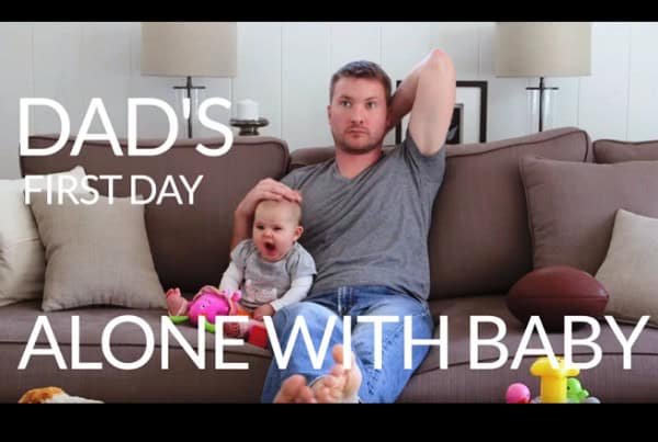 Dad caring for baby on first day alone at home, family life, parenting, father and child bonding.