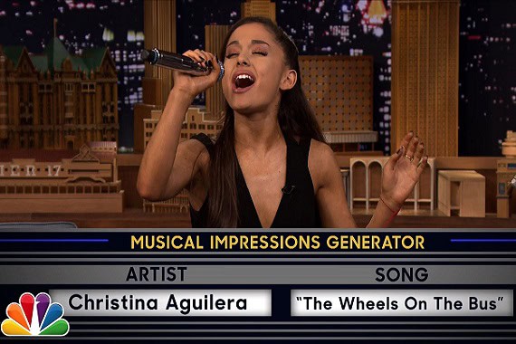 Ariana Grande performing a musical impression on a talk show set.